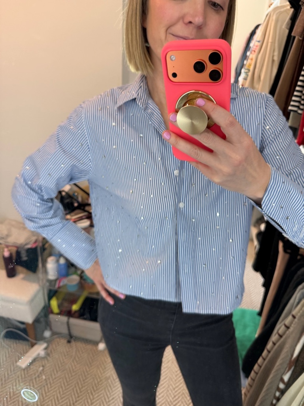 Jcrew Bedazzled Striped Button-Down Shirt in Light Blue & White